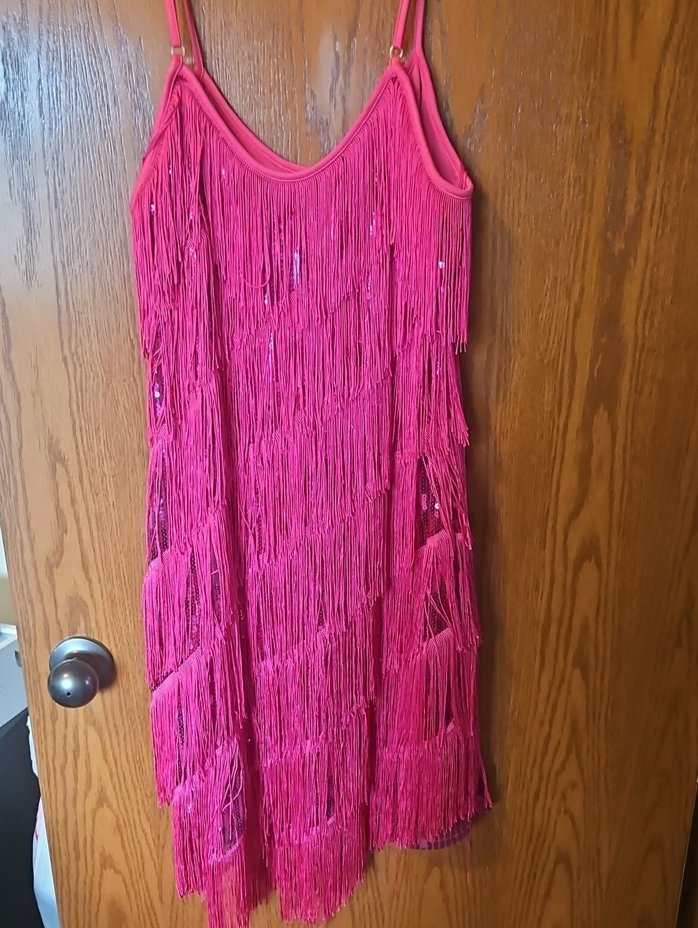 Girls Hot Pink Fringe Party Dress with Spaghetti Straps